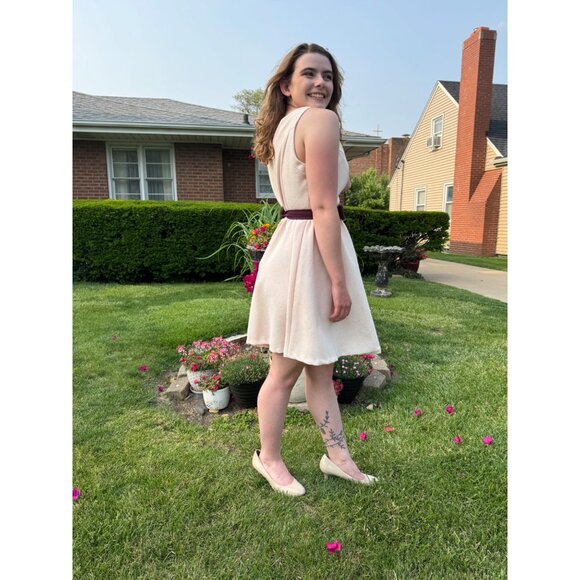 Lauren Conrad Size 6 Vintage Blush Pink Sleeveless A-Line Dress W/ Plum Belt - Picture 8 of 10